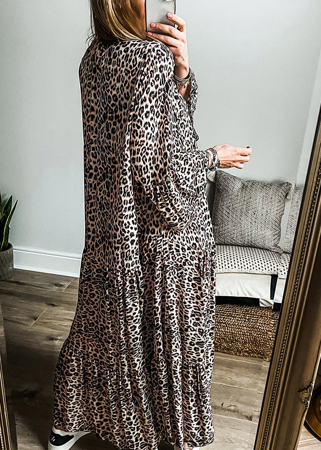 Leopard Dress Neck Maxi V Patchwork Plus Size Fall