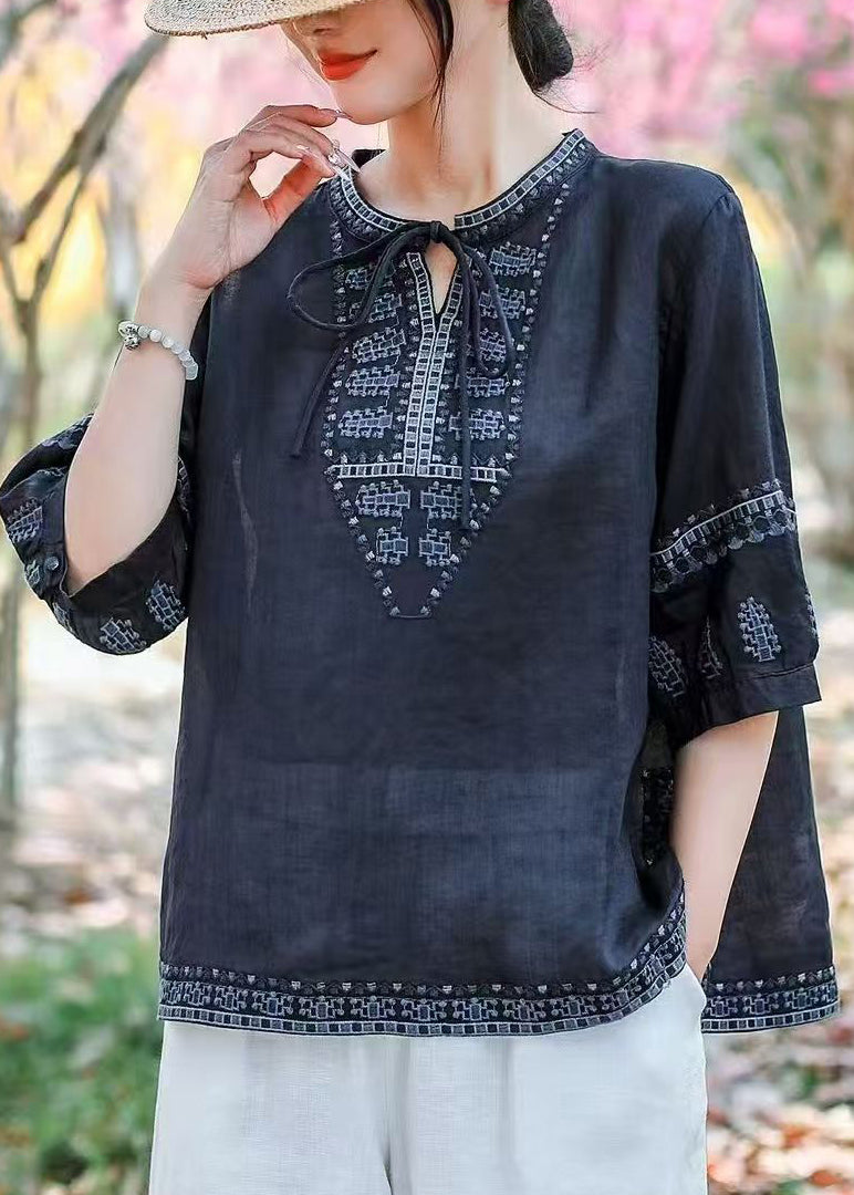 Size Plus Summer Blouses Navy Embroidered Linen
