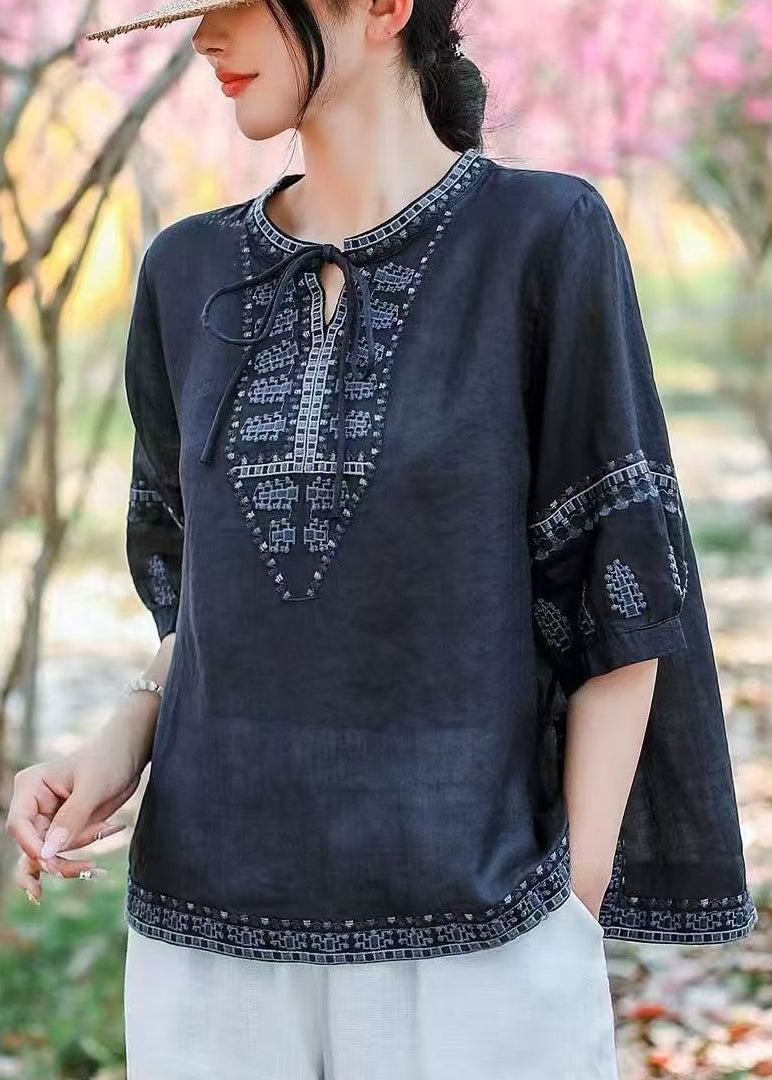 Size Plus Summer Blouses Navy Embroidered Linen