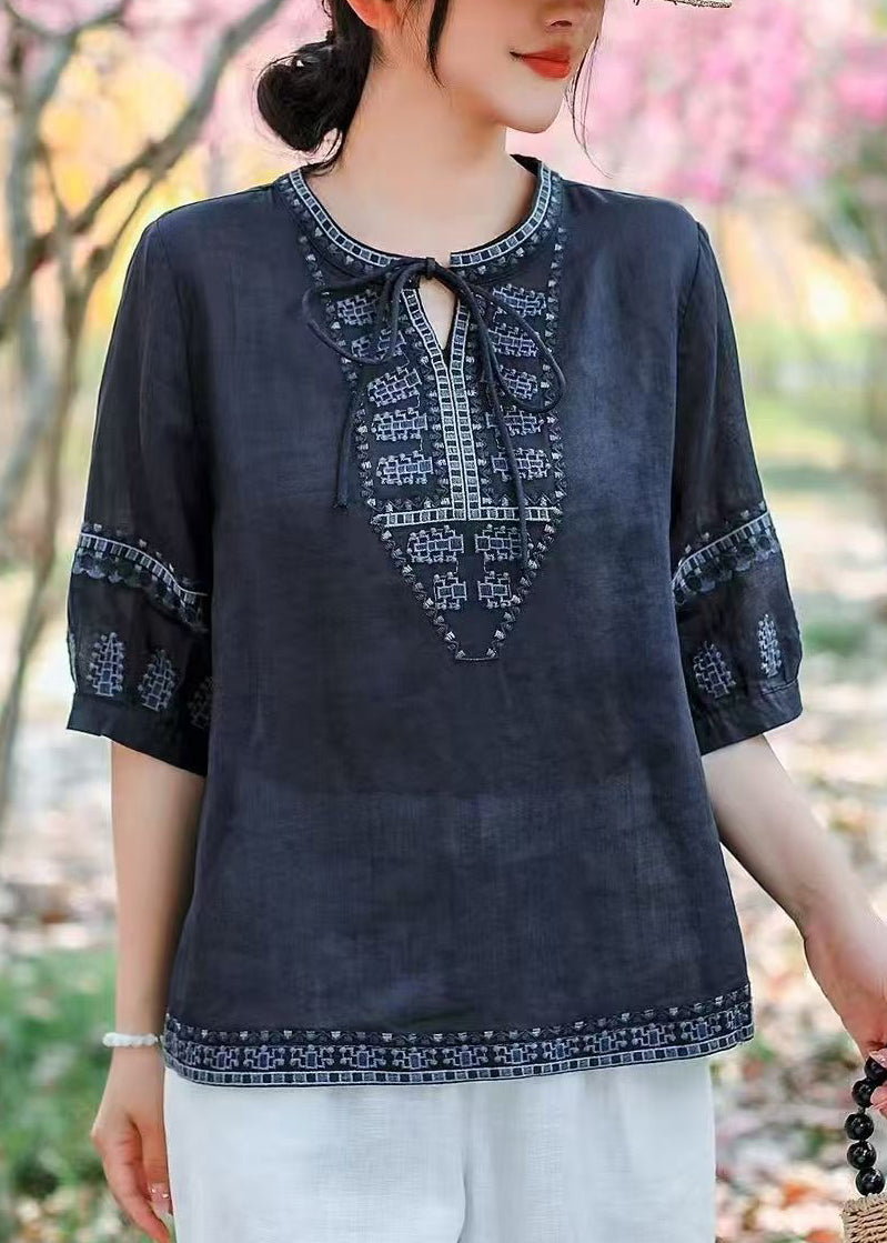Size Plus Summer Blouses Navy Embroidered Linen