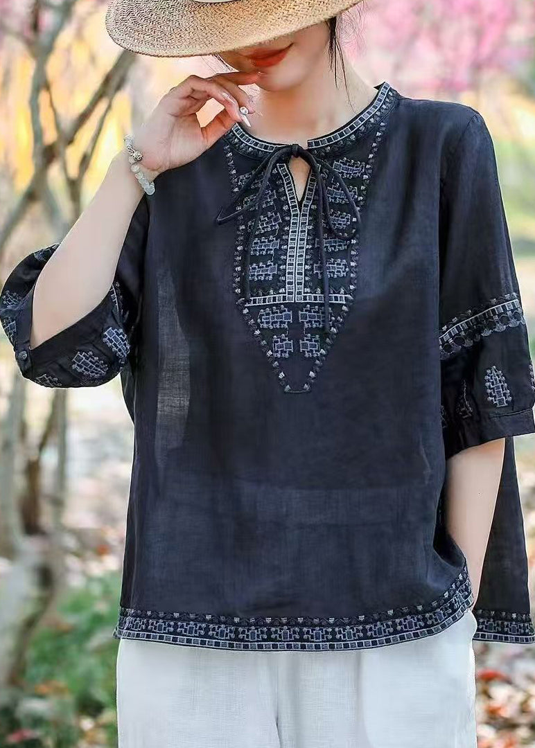 Size Plus Summer Blouses Navy Embroidered Linen