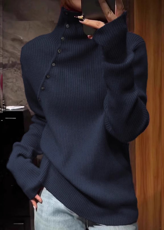 Plus Size Navy High Neck Knit Sweater Tops Spring TN010