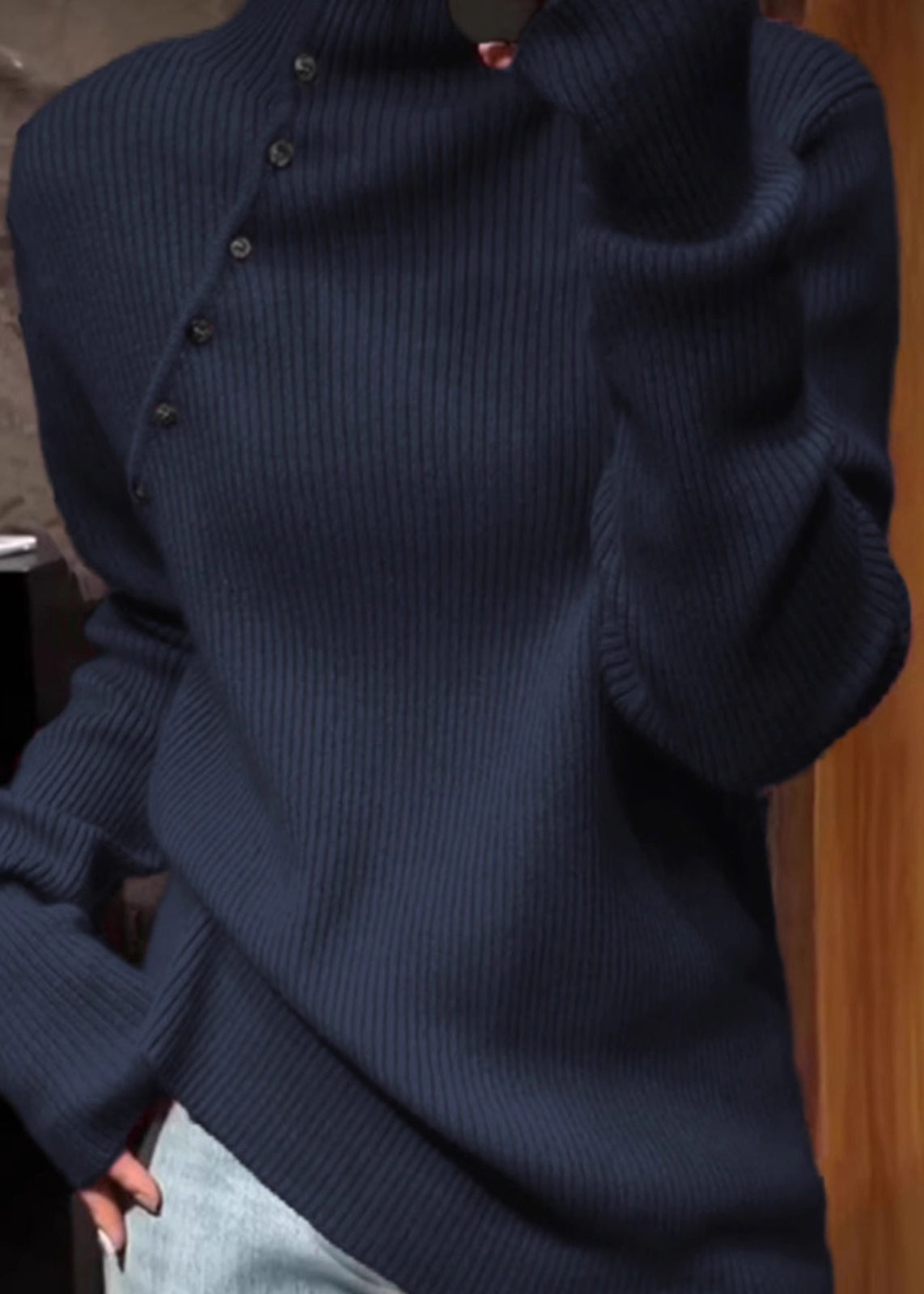 Plus Size Navy High Neck Knit Sweater Tops Spring TN010