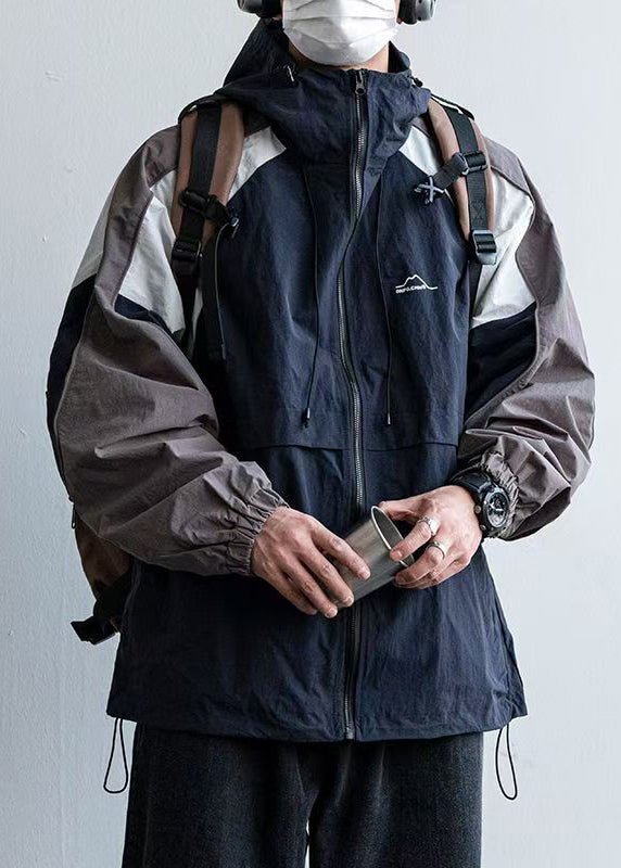 Hooded Size Mens Patchwork Plus Cotton Drawstring Navy Coats