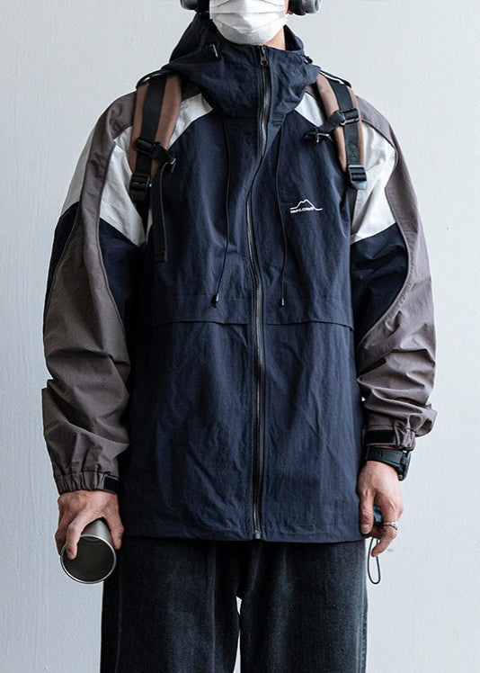 Hooded Size Mens Patchwork Plus Cotton Drawstring Navy Coats