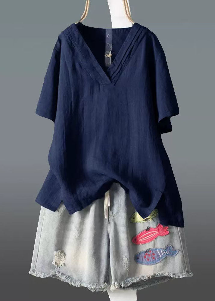 Plus V Navy Linen Tank Size Summer Wrinkled Neck