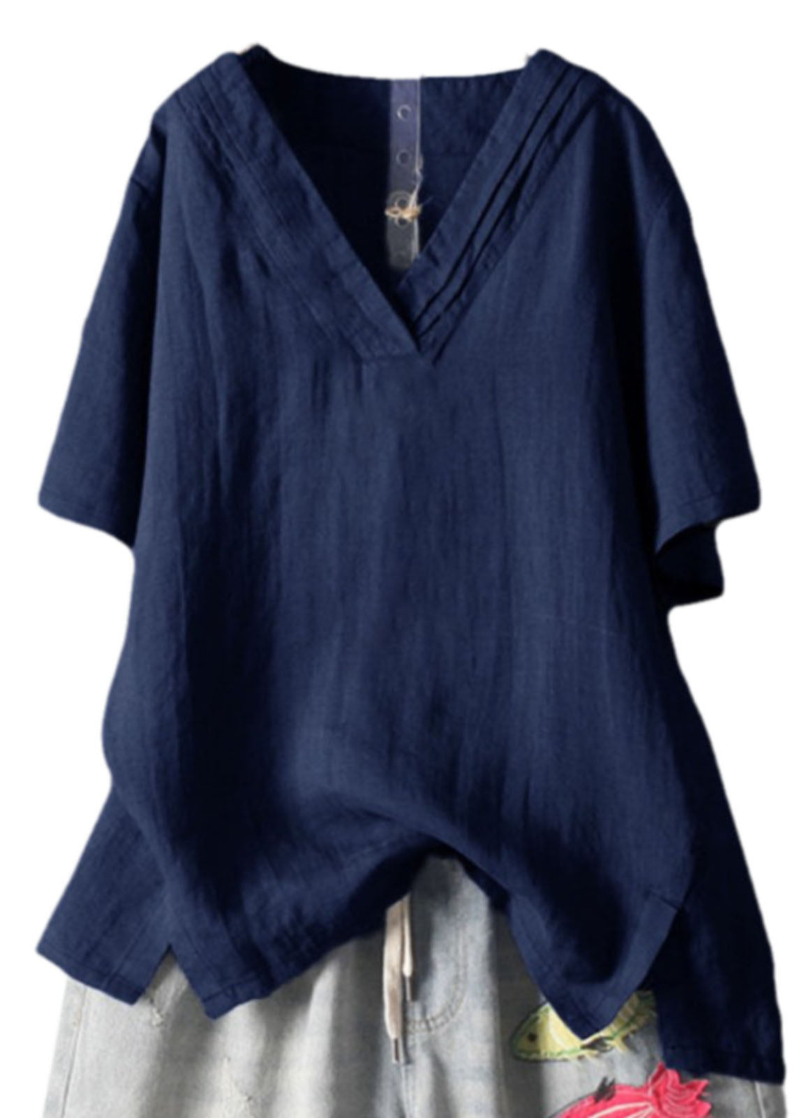 Neck Summer Plus Size Navy Linen V Wrinkled Tank