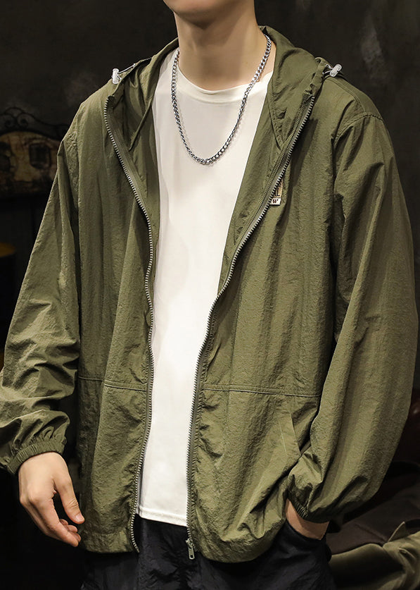 Plus Zippered Summer Green Size Coats Hooded Olive Pockets Mens