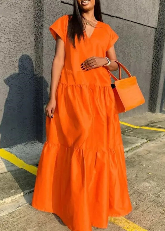 Orange Dress Plus Summer V Patchwork Neck Long Size