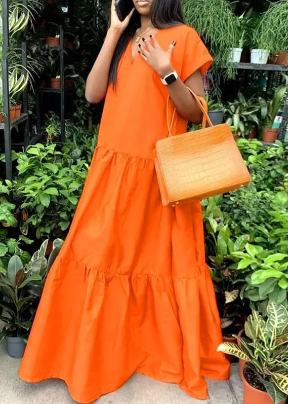 Orange Dress Plus Summer V Patchwork Neck Long Size