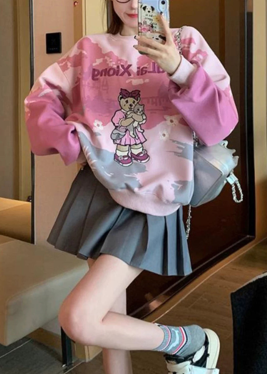 Plus Size Pink O Neck Embroidered Tie Dye Cotton Pullover Streetwear Spring YF002