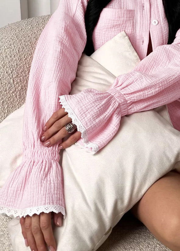 Pajama Plus Sets Lace Oversized Pink Size Sleeve Flare Patchwork