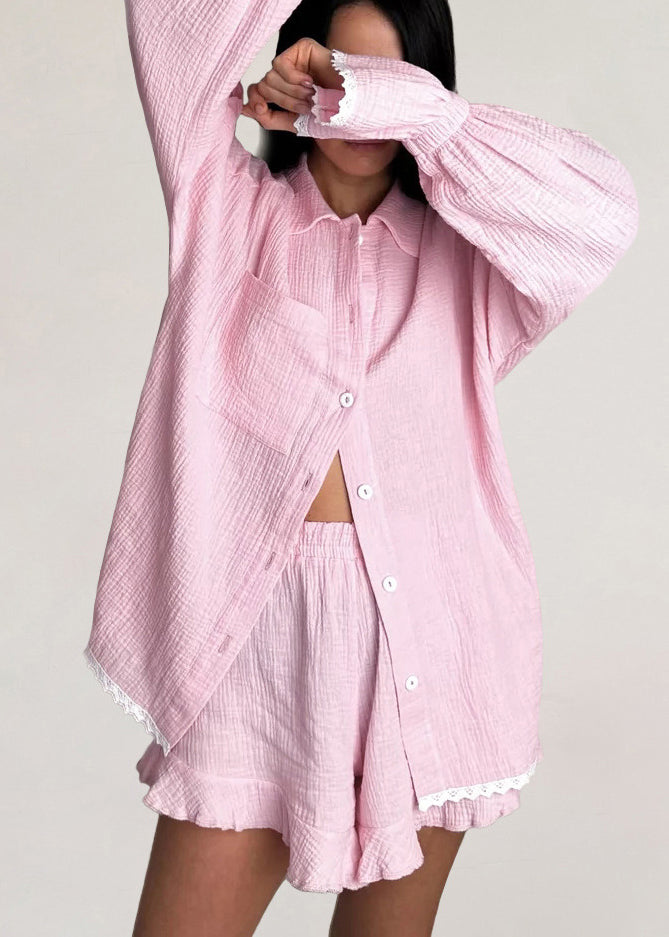 Pajama Plus Sets Lace Oversized Pink Size Sleeve Flare Patchwork