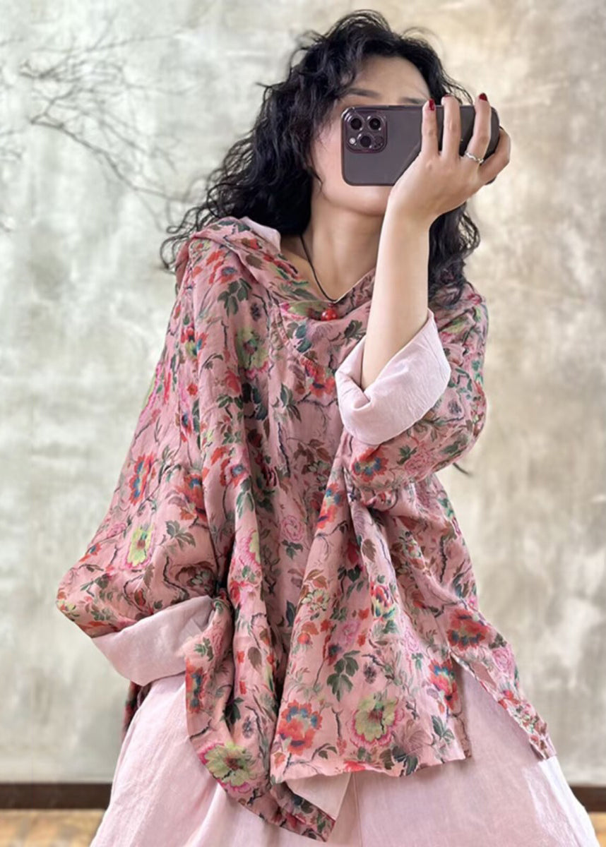 Plus Size Pink Oversized Print Linen Hooded Pullover Top Spring TM005