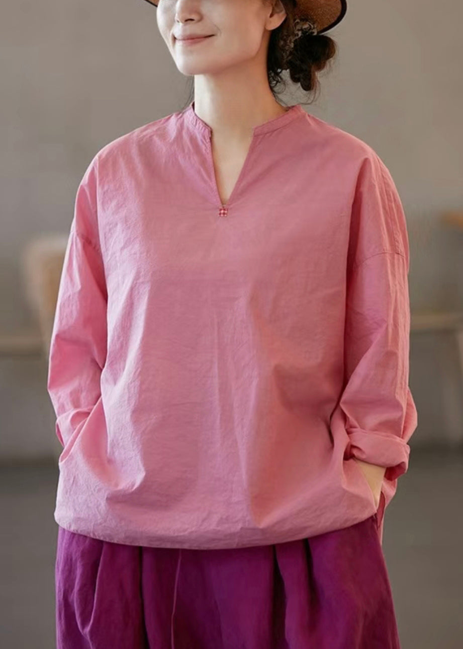 Cotton Solid Blouses Neck Open Plus V Size Side Pink Fall