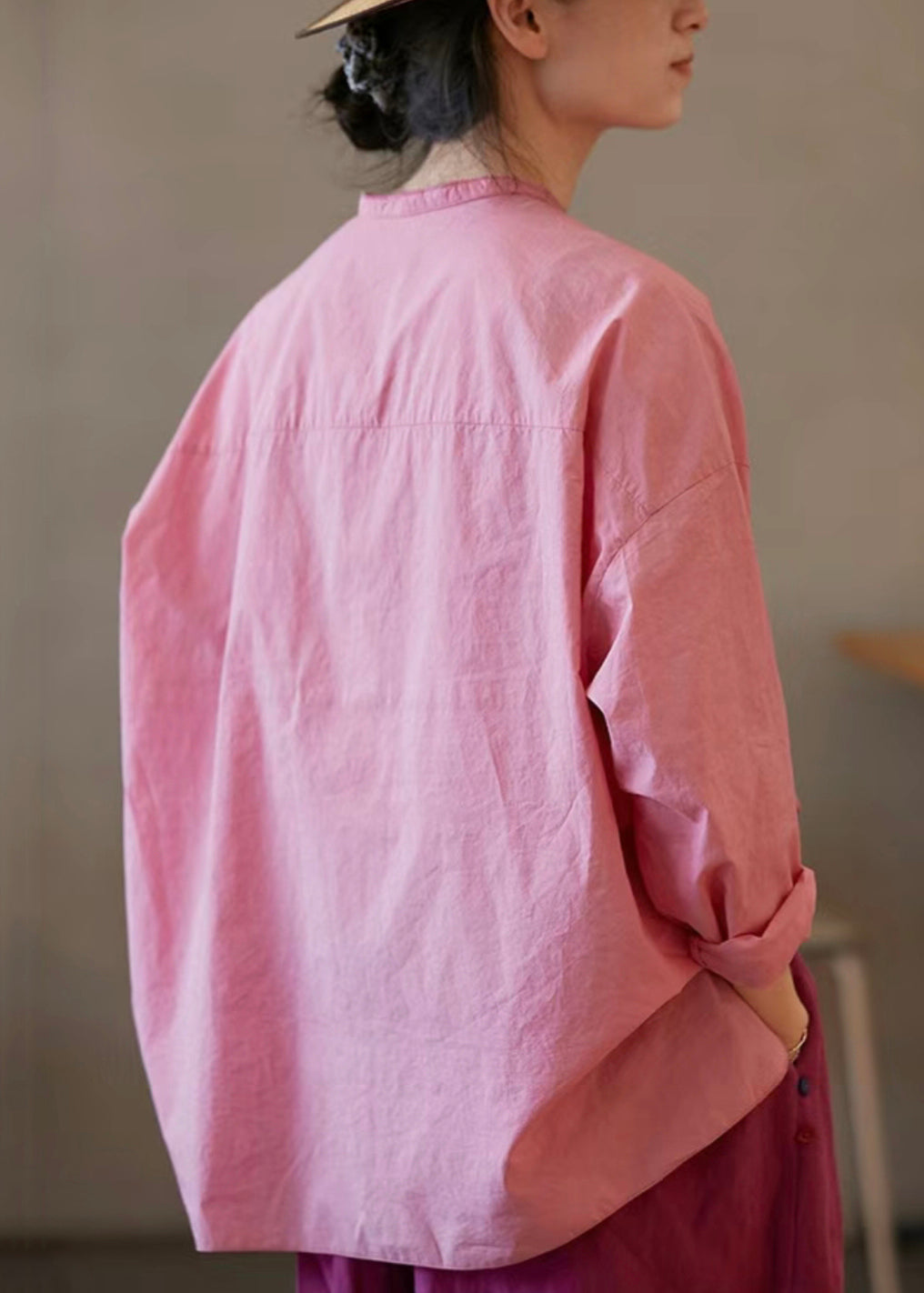 Cotton Solid Blouses Neck Open Plus V Size Side Pink Fall