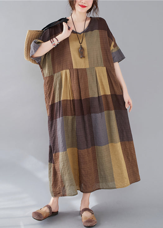 Plus Size Plaid V Neck Patchwork Linen Long Dresses Summer GG018