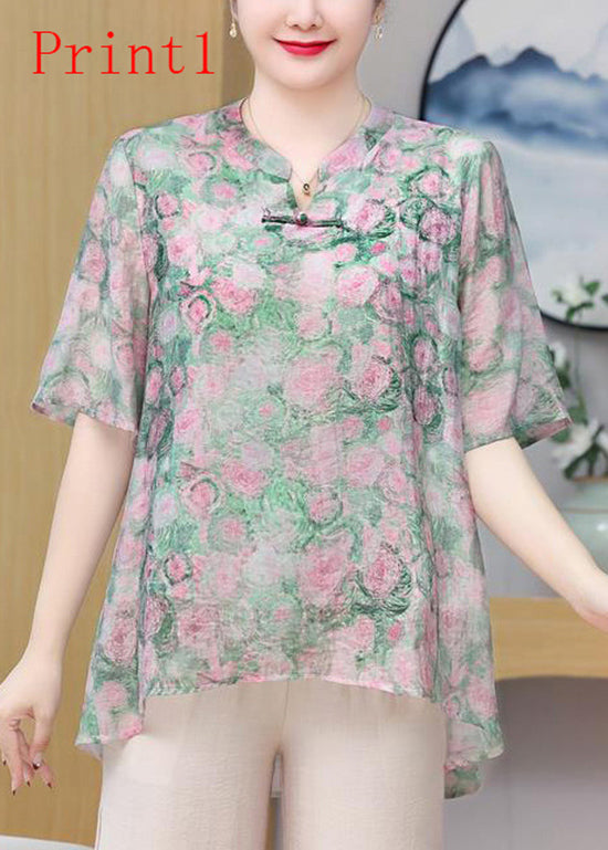 Oriental Summer Button Top Chiffon Size Print Plus
