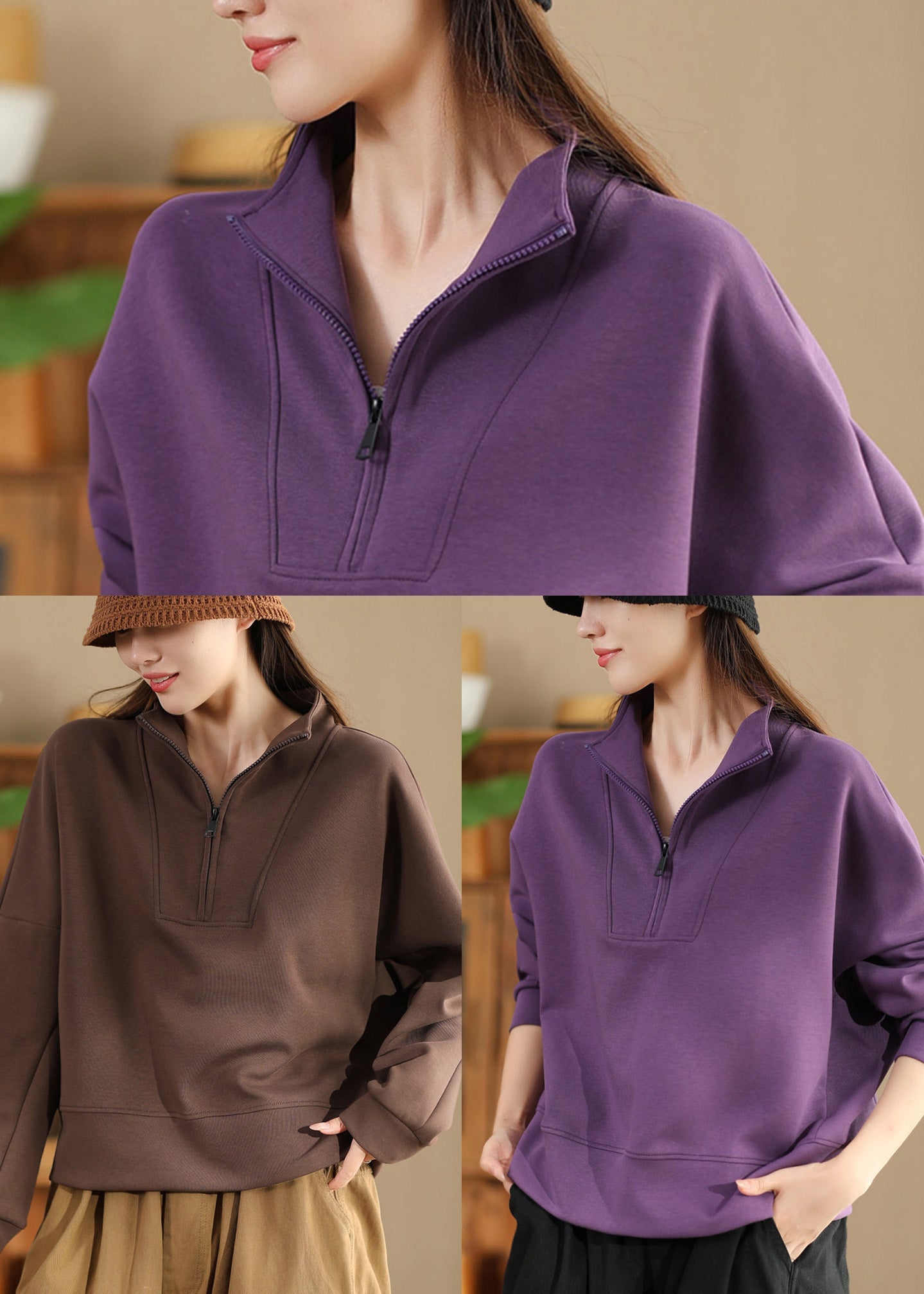 Plus Size Purple Zip Up Cotton Pullover Streetwear Spring TM043