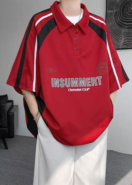 Shirt Men Size Half Button Letter Cotton Polo Red Plus Patchwork