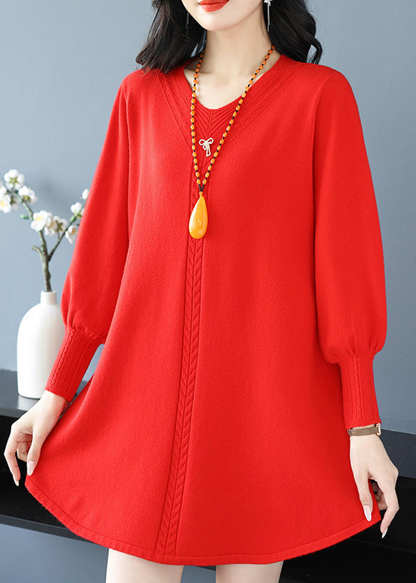 Plus Size Red Patchwork Thick Cotton Knitted Sweaters Winter TE032