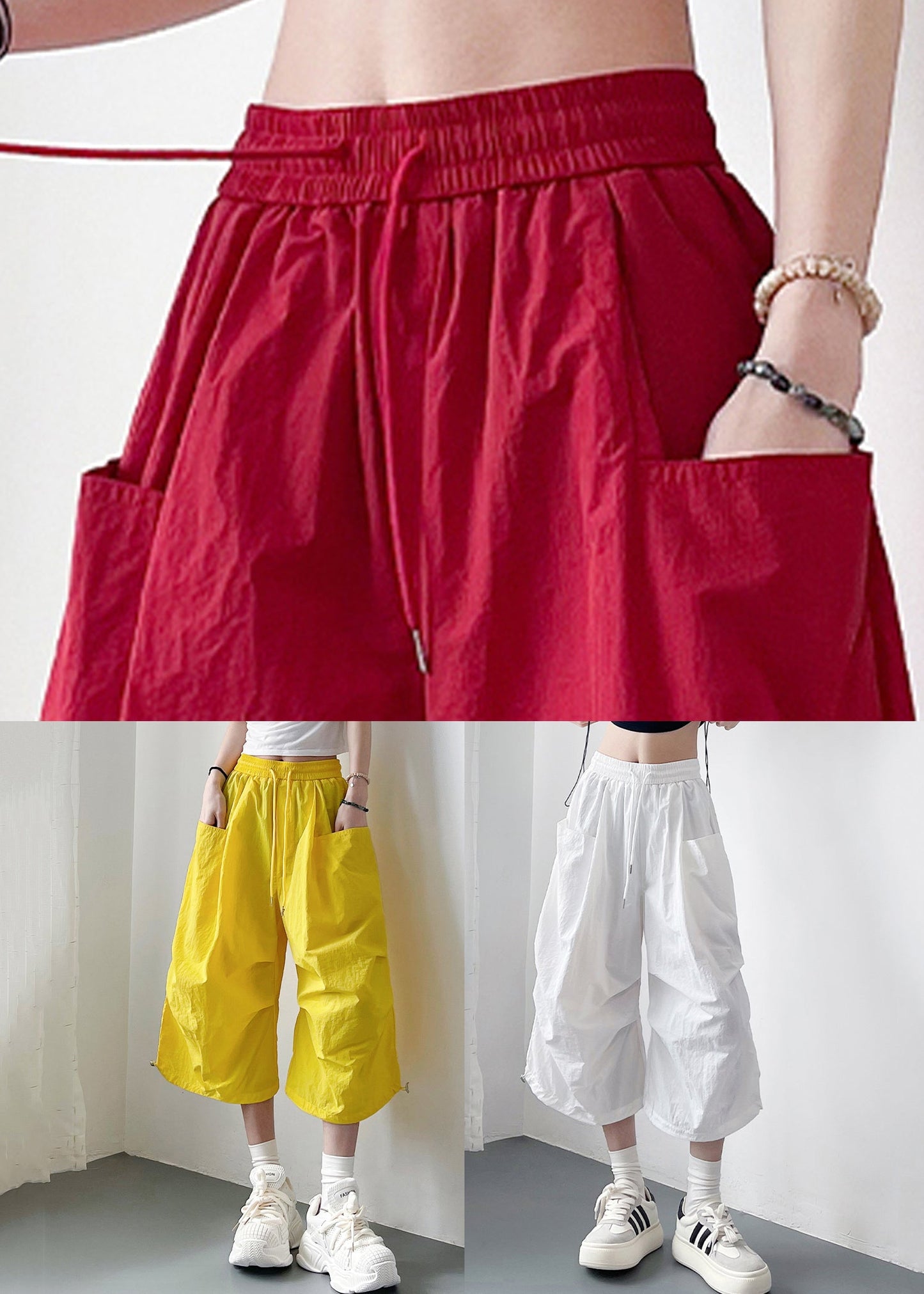 Crop Cotton Summer Size Pockets Pants Red Waist Plus Elastic
