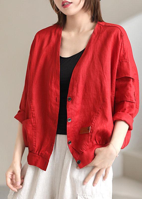 Plus Size Red V Neck Pockets Fall Coats Long sleeve QS050