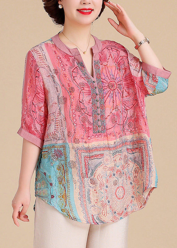 Plus V Cotton Tops Size Blouse Neck Print Summer