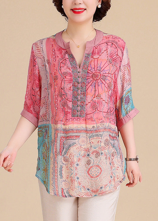 Plus V Cotton Tops Size Blouse Neck Print Summer