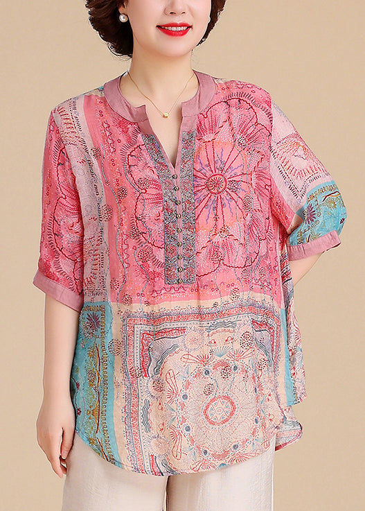 Plus V Cotton Tops Size Blouse Neck Print Summer