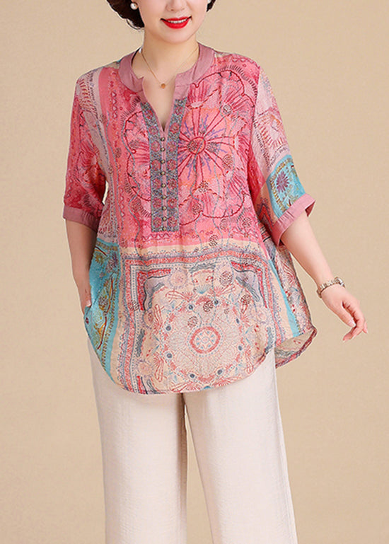 Plus V Cotton Tops Size Blouse Neck Print Summer