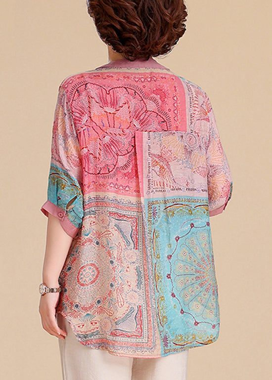 Plus V Cotton Tops Size Blouse Neck Print Summer