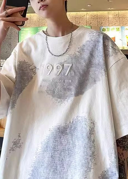 Dye Plus Embroideried Tie Cotton Half T White Size Men Shirts