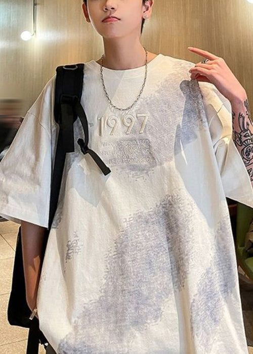 Dye Plus Embroideried Tie Cotton Half T White Size Men Shirts