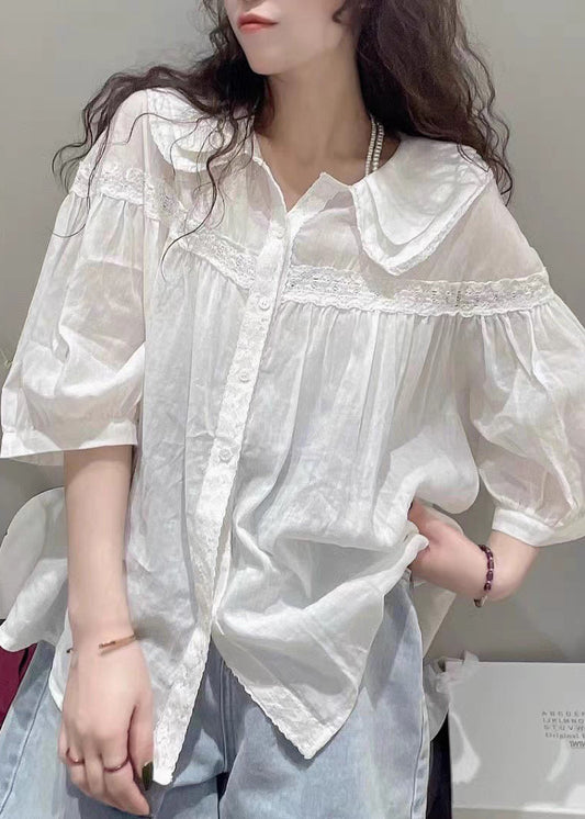 White Lace Sleeve Pan Half Peter Cotton Size Blouses Collar Plus