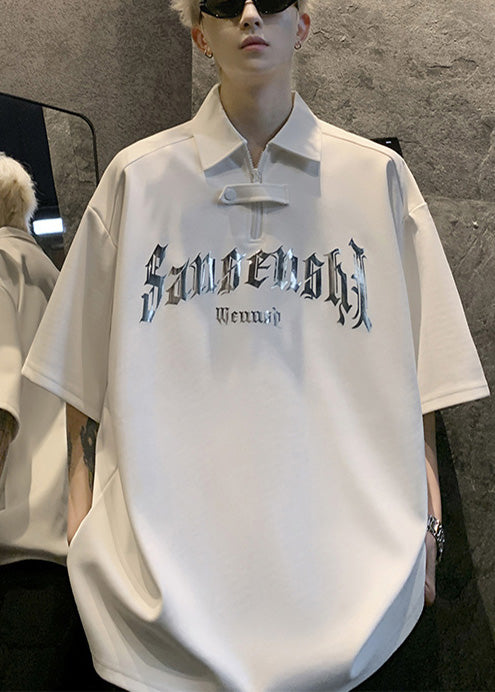 Men Letter And Plus Polo Shirt White Sequins Cotton Size