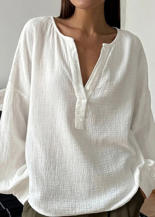 Plus V Neck Shirts White Cotton Patchwork Fall T Size