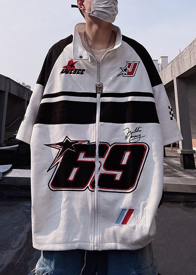 Zip Mens Size Sleeve Plus Half Cotton White Shirts T Print Up