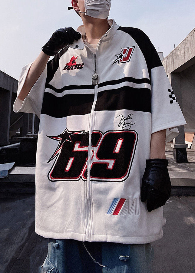 Zip Mens Size Sleeve Plus Half Cotton White Shirts T Print Up