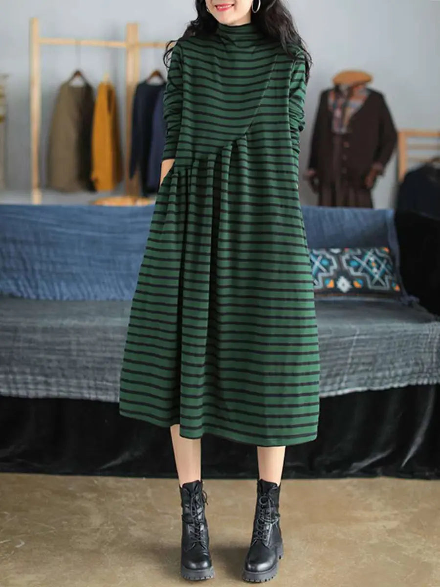 Plus Size Women Autumn Stripe Turtleneck Cotton Dress Ada Fashion