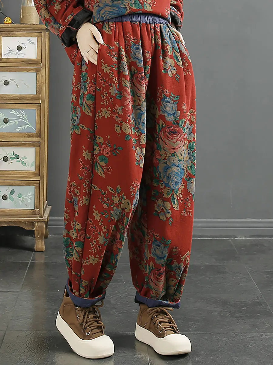 Plus Size Women Retro Floral Winter Warm Harem Pants Ada Fashion