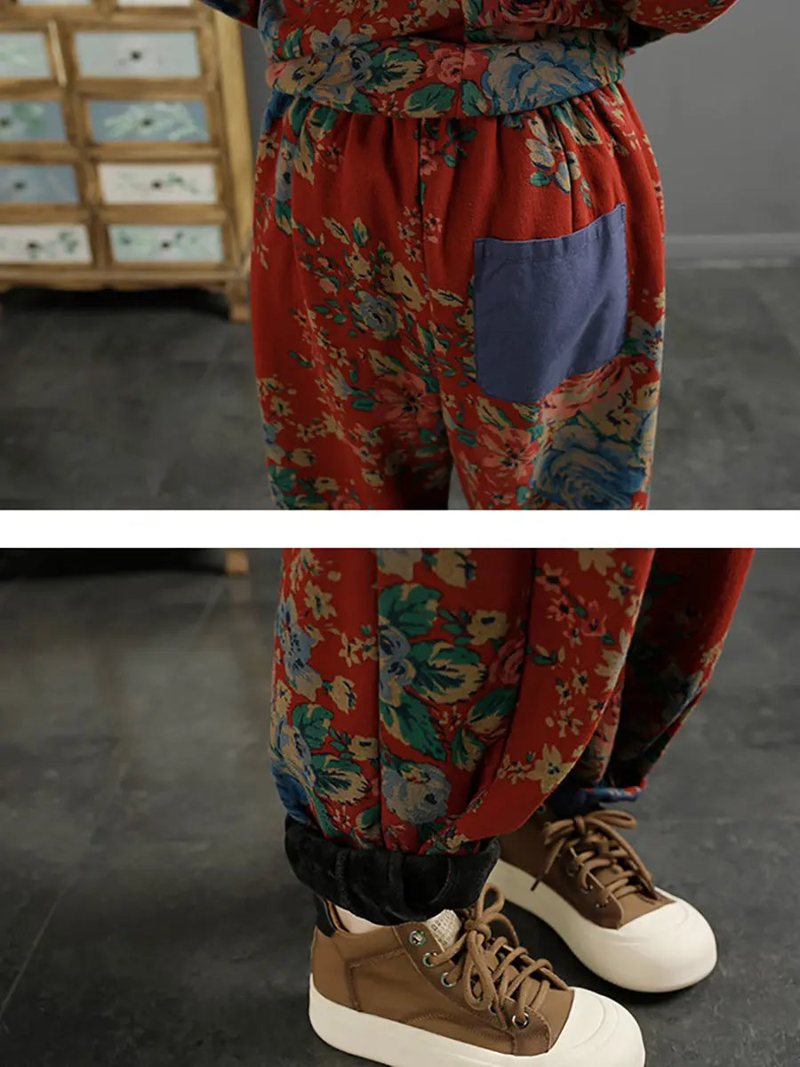 Plus Size Women Retro Floral Winter Warm Harem Pants Ada Fashion