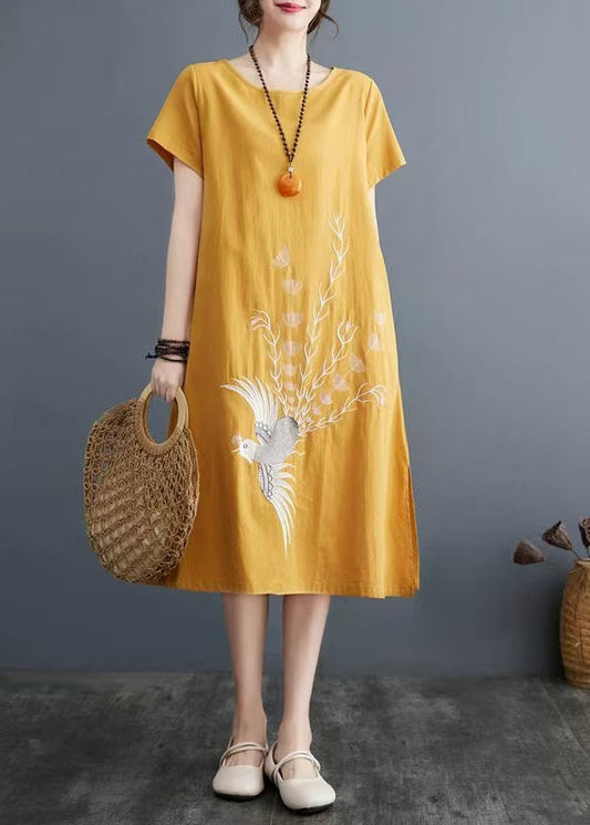 A Embroidered Linen Line Size Summer Dress Yellow Plus