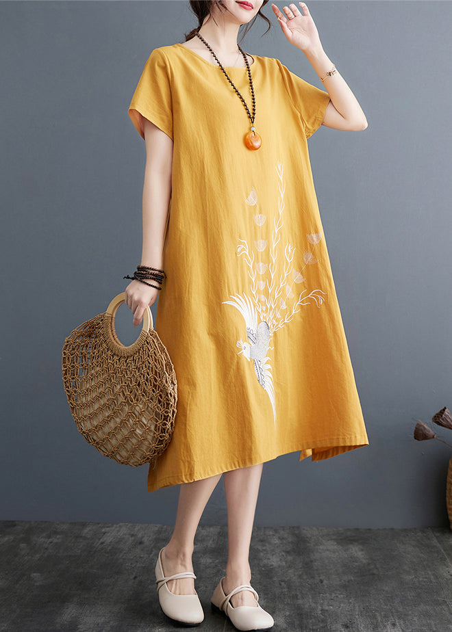 A Embroidered Linen Line Size Summer Dress Yellow Plus
