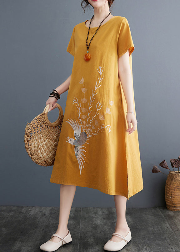 A Embroidered Linen Line Size Summer Dress Yellow Plus