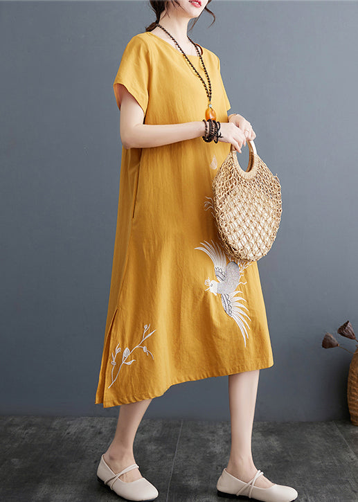 A Embroidered Linen Line Size Summer Dress Yellow Plus