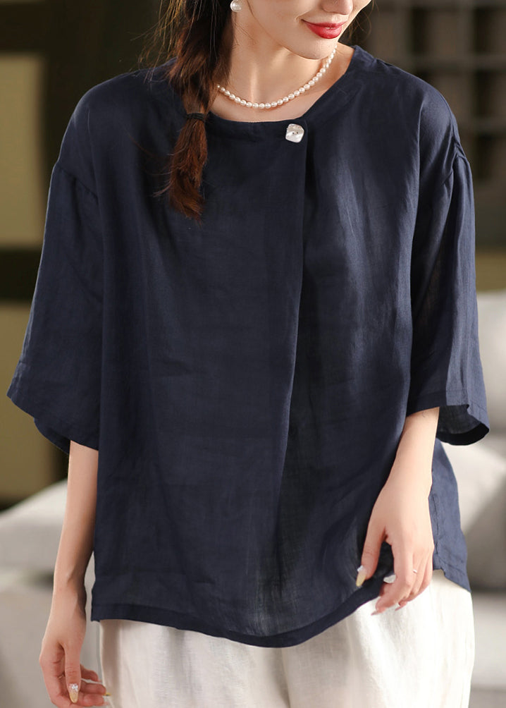 Summer Top Yellow Neck O Blouse Linen Plus Size