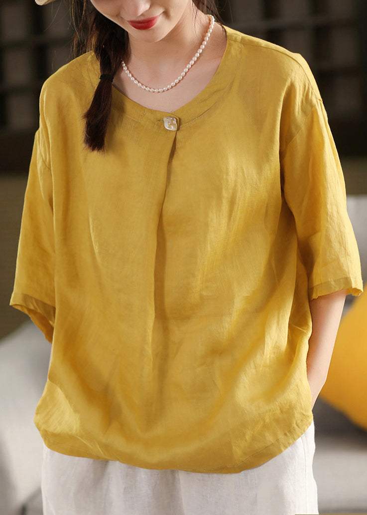 Summer Top Yellow Neck O Blouse Linen Plus Size