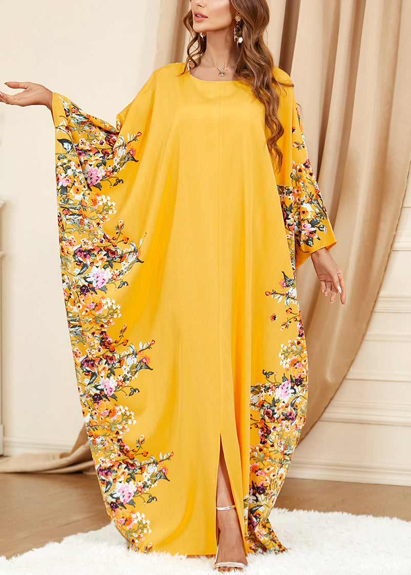 Plus Size Gelbes O-Ausschnitt-Print Vorne Offenes Baumwollkleid Frühling AA1057