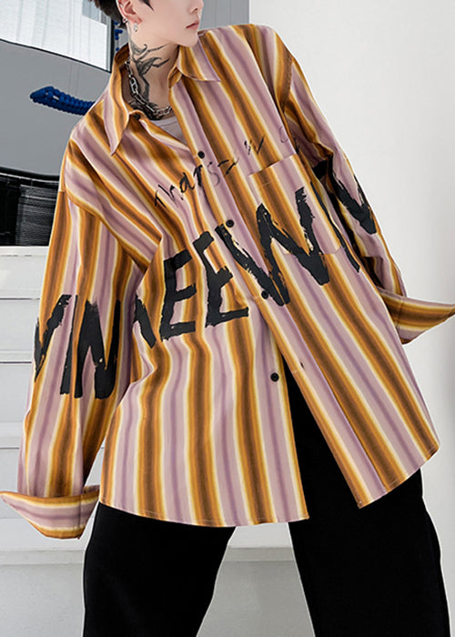 Low Spring Cotton Design Plus Shirt High Size Letter Men Yellow Striped